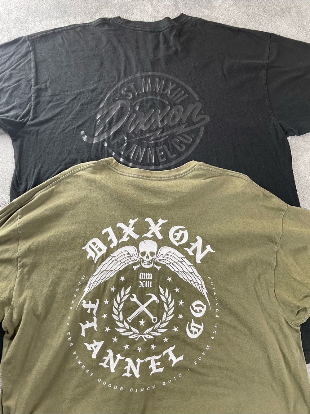 Dixxon T Shirt Lot Of 2 Distressed Used Men’s Size 2XL Black, Army Green Graphic